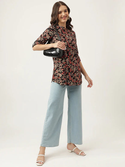 Divena Black Floral Printed Rayon Shirt Style Top-SSDK1018