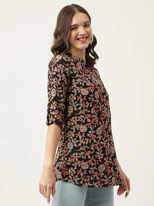Divena Black Floral Printed Rayon Shirt Style Top-SSDK1018