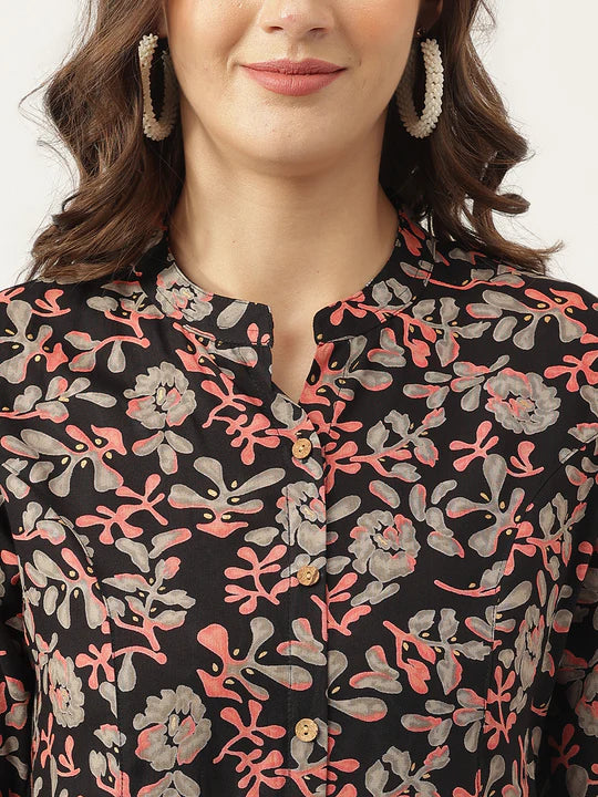 Divena Black Floral Printed Rayon Shirt Style Top-SSDK1018