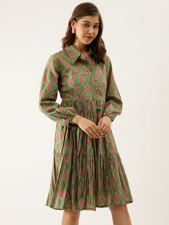 Divena Paisley Printed Cotton Dress for Women - SSDK1034_42_43 Dark Green