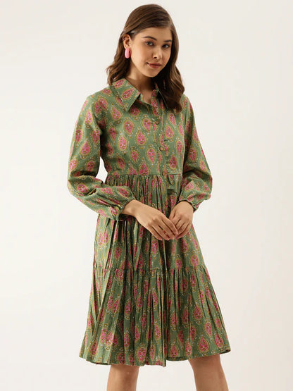 Divena Paisley Printed Cotton Dress for Women - SSDK1034_42_43 Dark Green