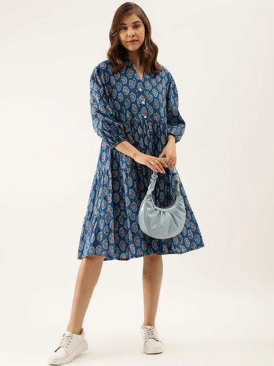 Divena Paisley Printed Cotton Dress for Women - SSDK1034_42_43 Navy Blue