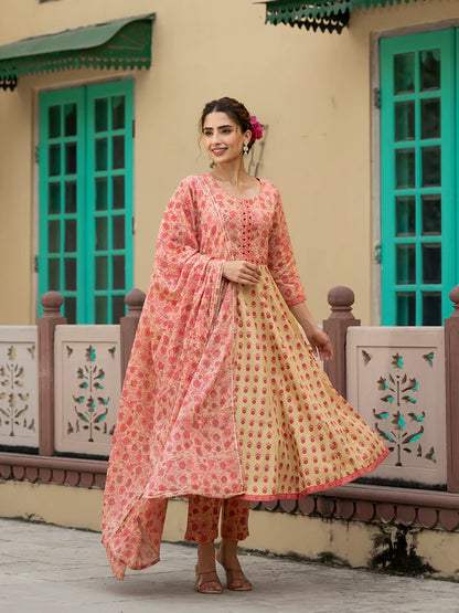 Divena Peach Floral Print Pure Cotton Anarkali Kurta & Trouser with Dupatta - SSDK1040