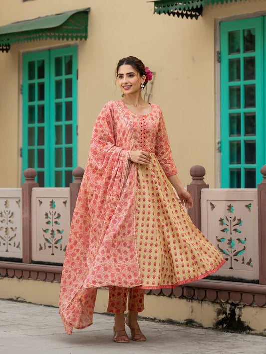 Divena Peach Floral Print Pure Cotton Anarkali Kurta & Trouser with Dupatta - SSDK1040