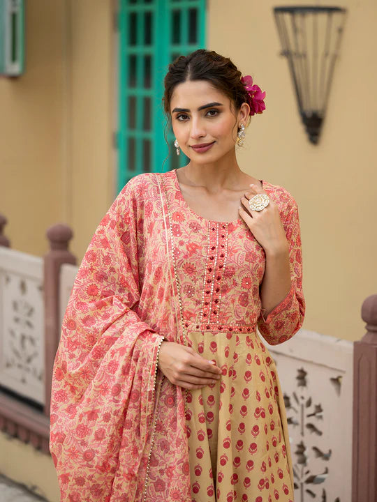 Divena Peach Floral Print Pure Cotton Anarkali Kurta & Trouser with Dupatta - SSDK1040