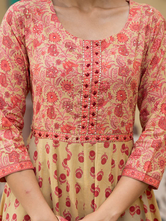 Divena Peach Floral Print Pure Cotton Anarkali Kurta & Trouser with Dupatta - SSDK1040