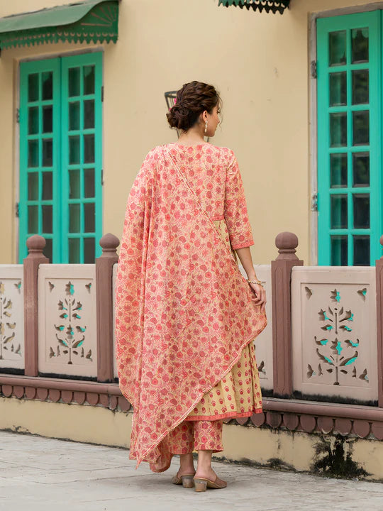 Divena Peach Floral Print Pure Cotton Anarkali Kurta & Trouser with Dupatta - SSDK1040