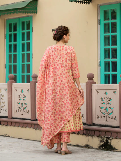 Divena Peach Floral Print Pure Cotton Anarkali Kurta & Trouser with Dupatta - SSDK1040
