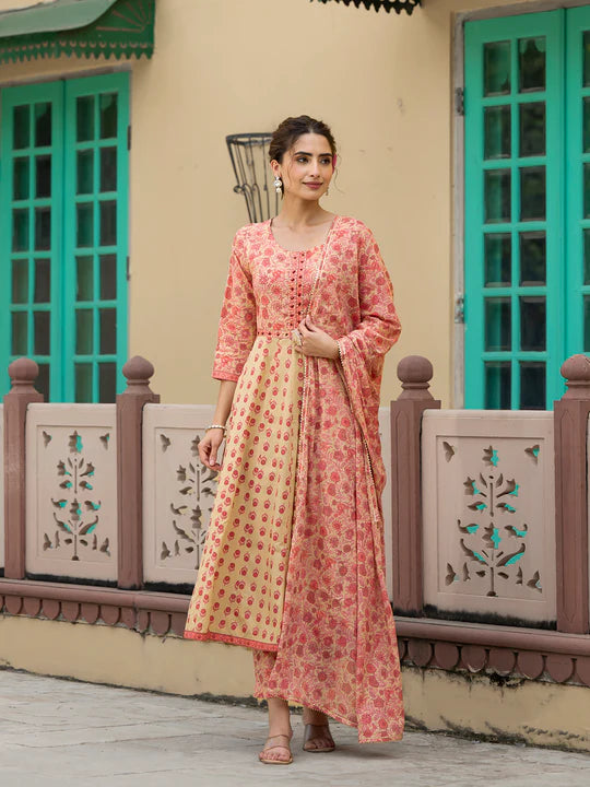 Divena Peach Floral Print Pure Cotton Anarkali Kurta & Trouser with Dupatta - SSDK1040