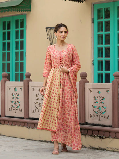 Divena Peach Floral Print Pure Cotton Anarkali Kurta & Trouser with Dupatta - SSDK1040