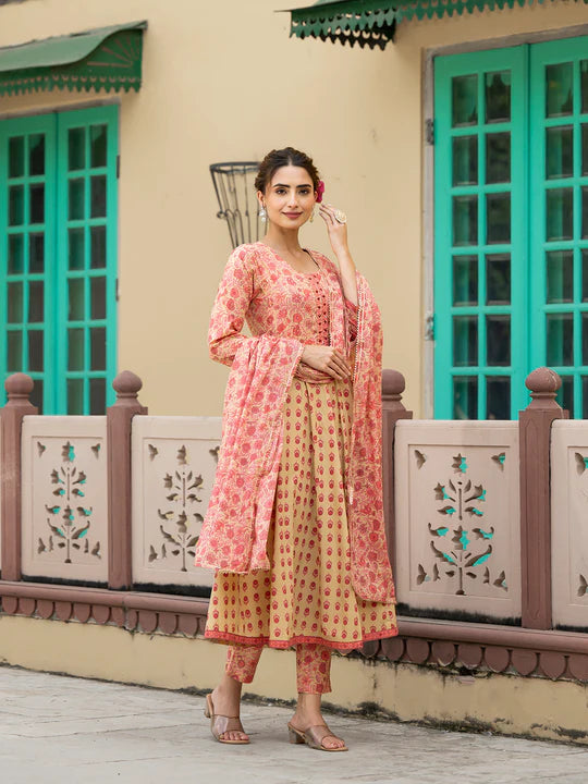Divena Peach Floral Print Pure Cotton Anarkali Kurta & Trouser with Dupatta - SSDK1040