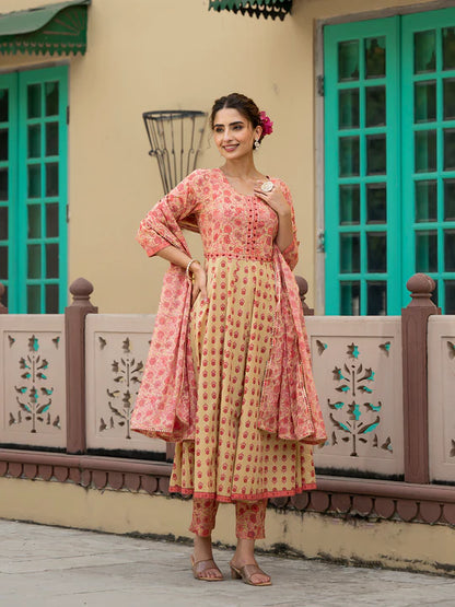 Divena Peach Floral Print Pure Cotton Anarkali Kurta & Trouser with Dupatta - SSDK1040