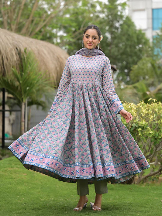 Divena Floral Printed Round Neck Pure Cotton Anarkali Kurta Set With Trousers & Dupatta-SSDK1081