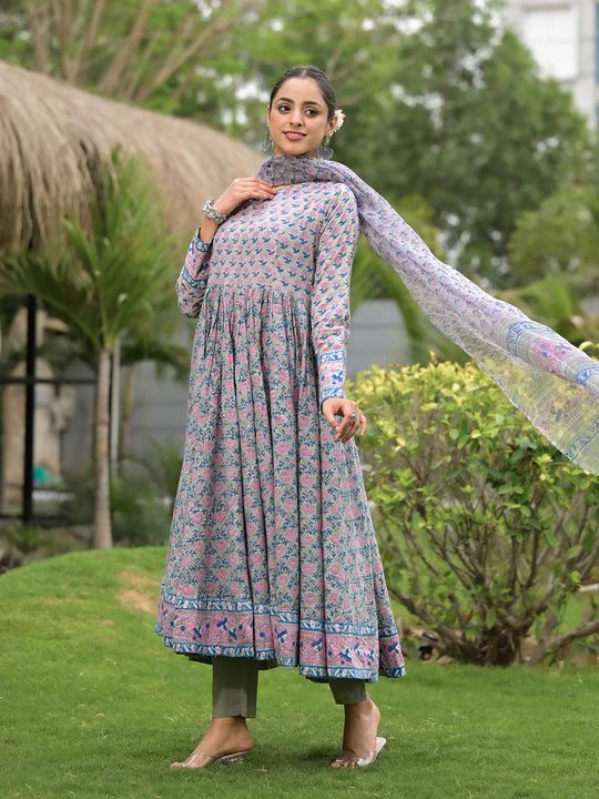 Divena Floral Printed Round Neck Pure Cotton Anarkali Kurta Set With Trousers & Dupatta-SSDK1081