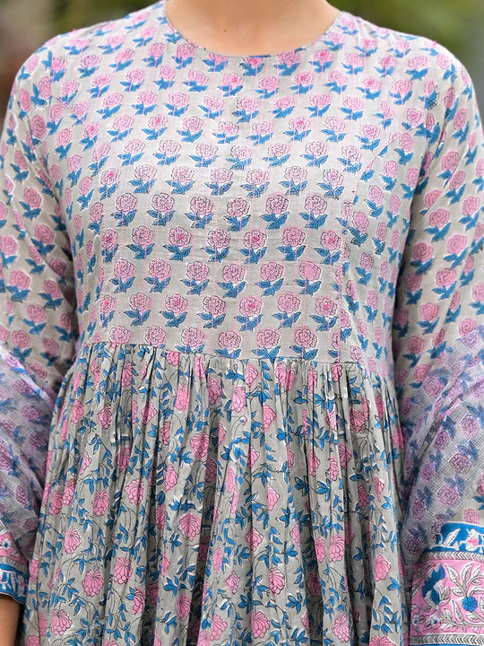 Divena Floral Printed Round Neck Pure Cotton Anarkali Kurta Set With Trousers & Dupatta-SSDK1081