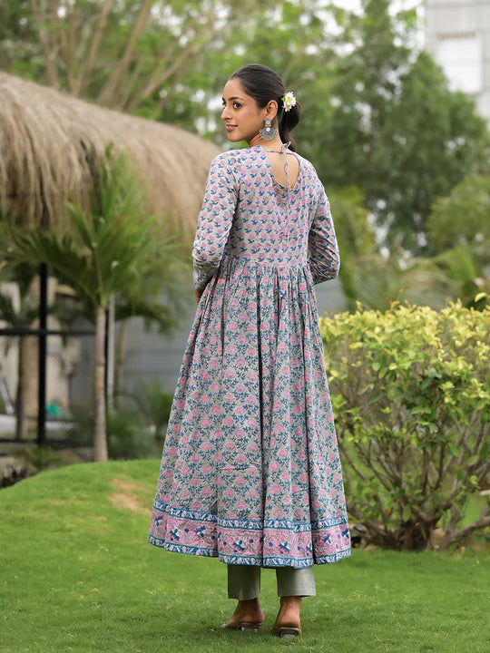Divena Floral Printed Round Neck Pure Cotton Anarkali Kurta Set With Trousers & Dupatta-SSDK1081