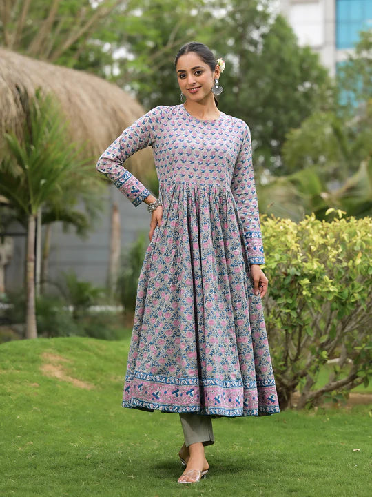 Divena Floral Printed Round Neck Pure Cotton Anarkali Kurta Set With Trousers & Dupatta-SSDK1081