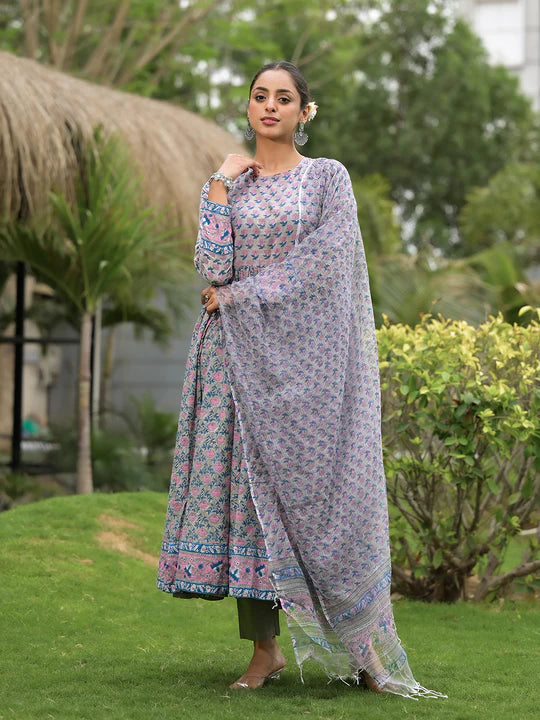 Divena Floral Printed Round Neck Pure Cotton Anarkali Kurta Set With Trousers & Dupatta-SSDK1081