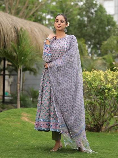 Divena Floral Printed Round Neck Pure Cotton Anarkali Kurta Set With Trousers & Dupatta-SSDK1081