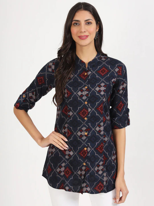 Divena Blue Geometric Printed Rayon Top -SSDK1084