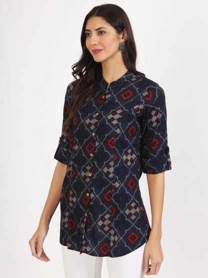 Divena Blue Geometric Printed Rayon Top -SSDK1084
