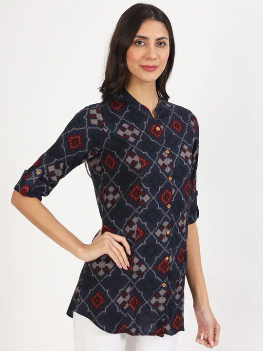 Divena Blue Geometric Printed Rayon Top -SSDK1084
