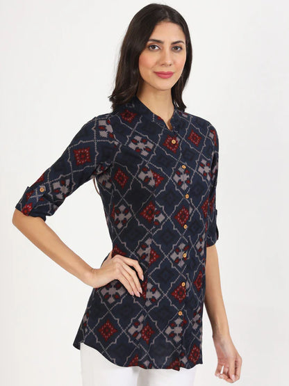 Divena Blue Geometric Printed Rayon Top -SSDK1084