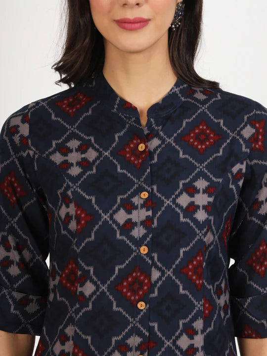 Divena Blue Geometric Printed Rayon Top -SSDK1084