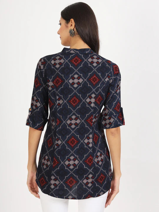 Divena Blue Geometric Printed Rayon Top -SSDK1084