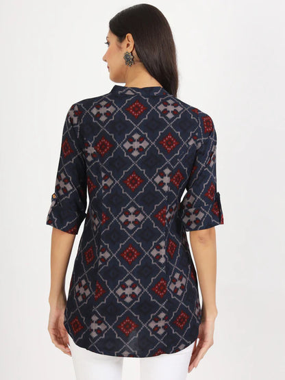 Divena Blue Geometric Printed Rayon Top -SSDK1084