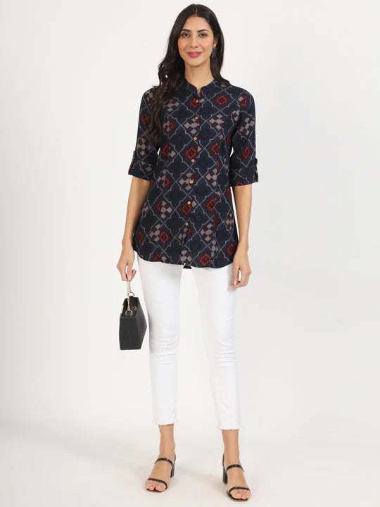 Divena Blue Geometric Printed Rayon Top -SSDK1084