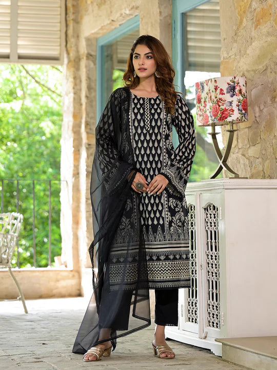 Divena Black Cotton Straight Fit Knee Long Kurta Set for Women - SSDK2008