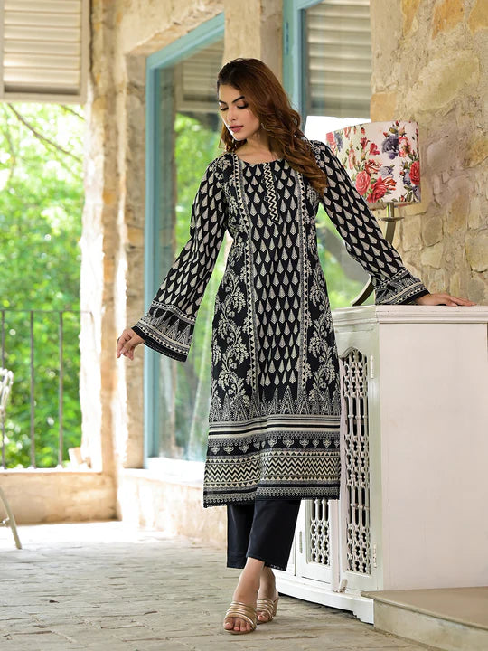 Divena Black Cotton Straight Fit Knee Long Kurta Set for Women - SSDK2008