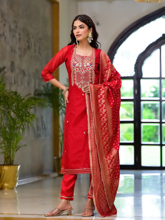 Divena Red Embroidered Chanderi Silk Kurta pants with Banarashi Dupatta - SSDK2020