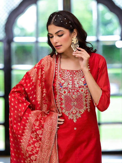 Divena Red Embroidered Chanderi Silk Kurta pants with Banarashi Dupatta - SSDK2020