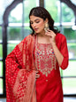 Divena Red Embroidered Chanderi Silk Kurta pants with Banarashi Dupatta - SSDK2020