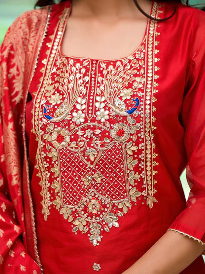 Divena Red Embroidered Chanderi Silk Kurta pants with Banarashi Dupatta - SSDK2020