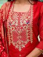 Divena Red Embroidered Chanderi Silk Kurta pants with Banarashi Dupatta - SSDK2020