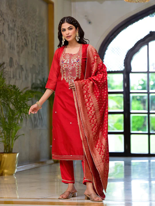 Divena Red Embroidered Chanderi Silk Kurta pants with Banarashi Dupatta - SSDK2020