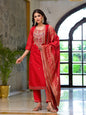 Divena Red Embroidered Chanderi Silk Kurta pants with Banarashi Dupatta - SSDK2020
