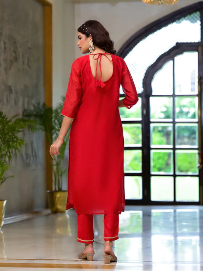 Divena Red Embroidered Chanderi Silk Kurta pants with Banarashi Dupatta - SSDK2020