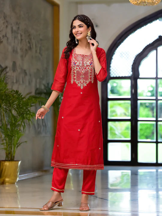 Divena Red Embroidered Chanderi Silk Kurta pants with Banarashi Dupatta - SSDK2020