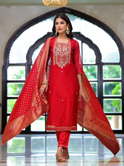 Divena Red Embroidered Chanderi Silk Kurta pants with Banarashi Dupatta - SSDK2020