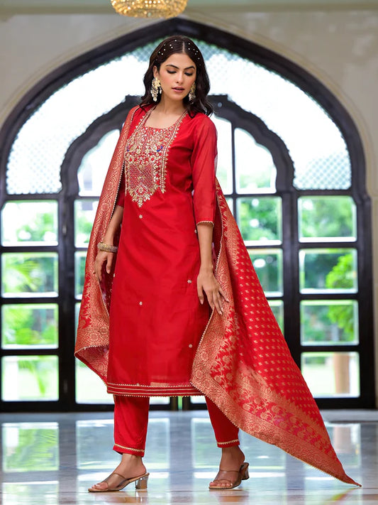 Divena Red Embroidered Chanderi Silk Kurta pants with Banarashi Dupatta - SSDK2020