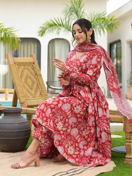 Divena Floral Printed Red Cotton Alia Cut Kurta Set for women - SSDK2024
