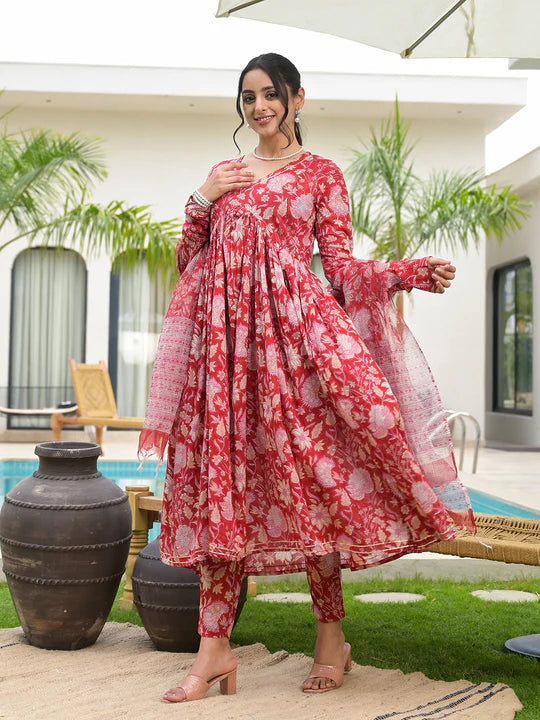 Divena Floral Printed Red Cotton Alia Cut Kurta Set for women - SSDK2024