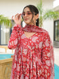 Divena Floral Printed Red Cotton Alia Cut Kurta Set for women - SSDK2024