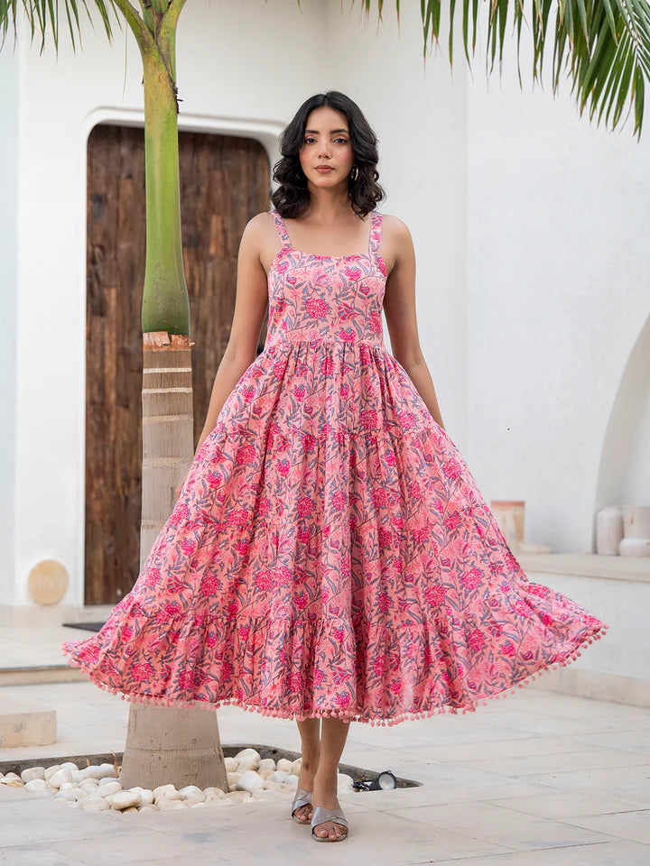Divena Pink Floral Printed Shoulder Strip Calf Long Ethnic Dress for Women - DK2047_48 Pink