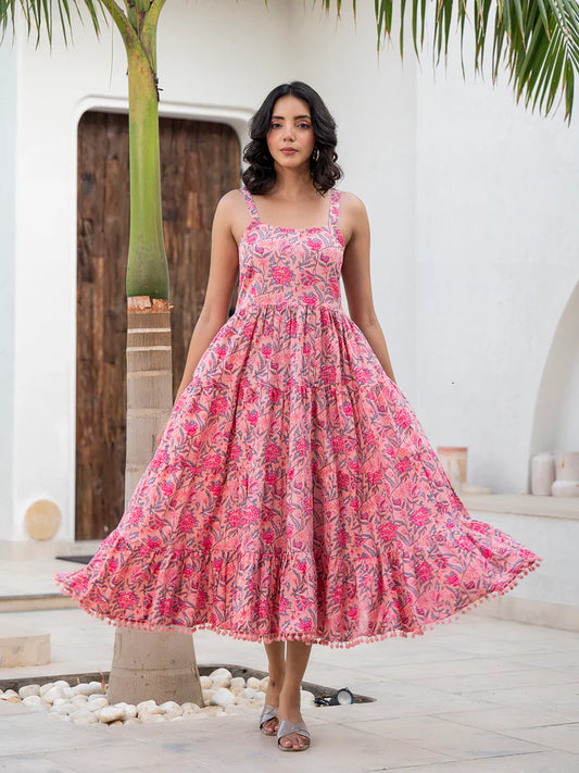 Divena Pink Floral Printed Shoulder Strip Calf Long Ethnic Dress for Women - DK2047_48 Pink