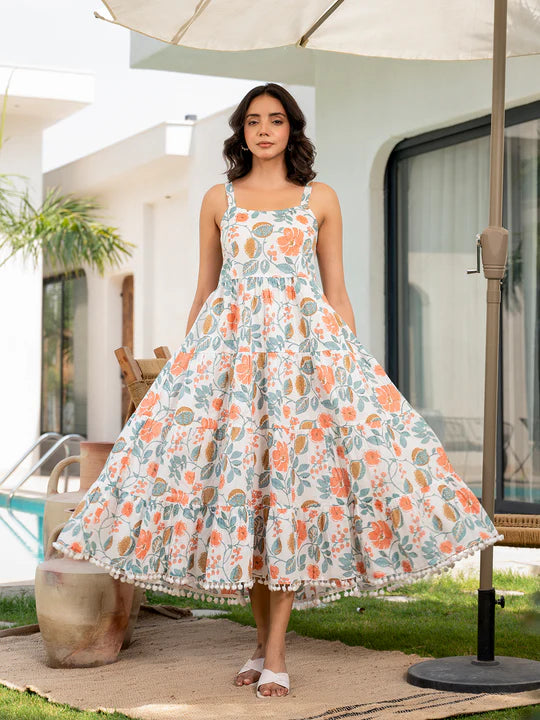 Divena Pink Floral Printed Shoulder Strip Calf Long Ethnic Dress for Women - DK2047_48